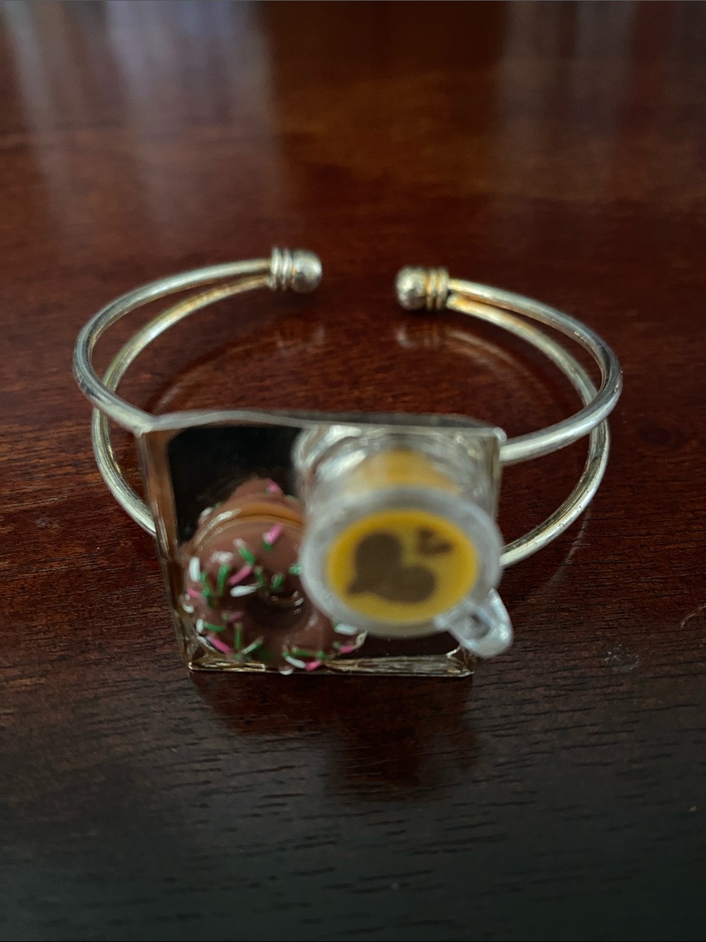 Silver-tone Donut and Coffee Charm Cuff Bracelet